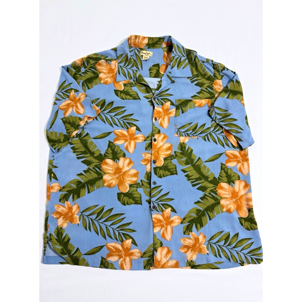 Panama Jack Mens XXL Rayon Hawaiian Shirt Blue Orange Floral Hibiscus Palm Leaf